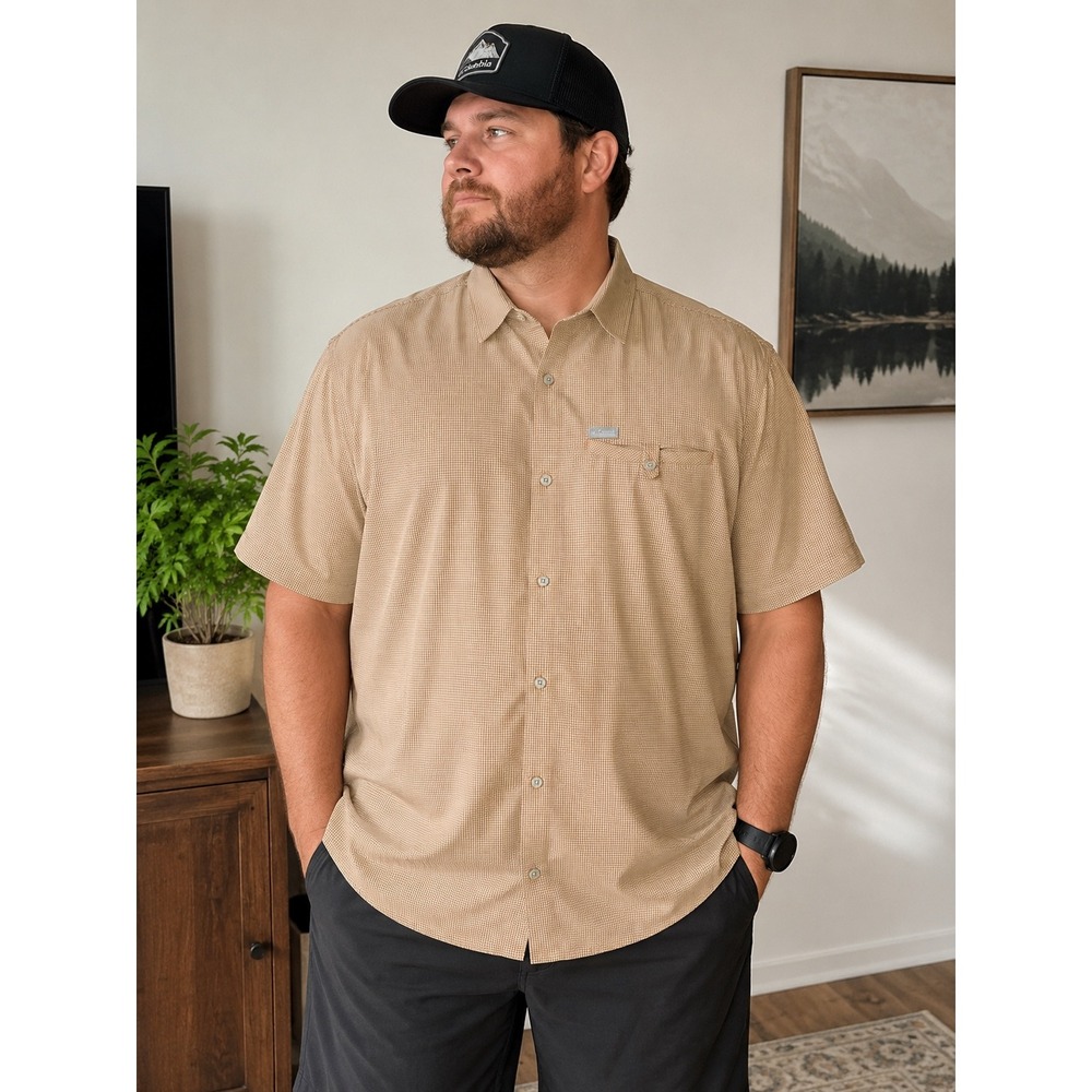 Columbia Mens Orange Gingham Plaid Short Sleeve Button Up outdoor fishing Shirt